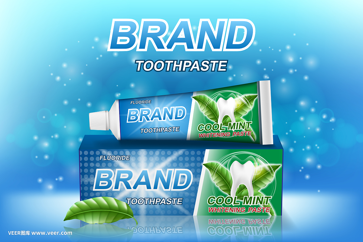 薄荷牙膏廣告。牙齒模型和產品包裝設計的牙科保健海報或廣告。3 d矢量圖